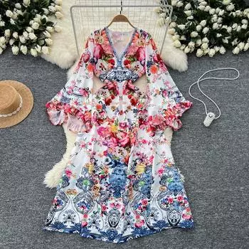 Весна Осень Женские Винтажные Принты V-образный вырез Расклешенные Рукава Длинные Макси Праздничные Пляжные Платья S