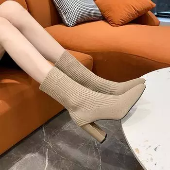 Весна Осень Женские вязаные носки-сапожки Модные туфли на квадратном каблуке с острым носком Laides Concise Short Booties 35