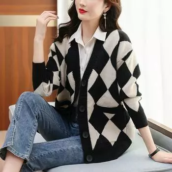 Весна Осень Женский Большой Размер Вязаный Кардиган Свободный Геометрический Принт Вязаный Свитер Куртка Тонкая Вязаная Куртка С V-образным Вырезом M кофейный