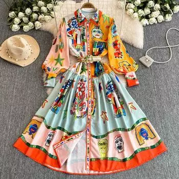 Весна Осень Женский Бренд Дизайнерский Принт Подиумное Платье Рубашка С Отложным Воротником Праздничные Платья Для Вечеринок M