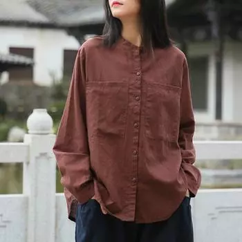 Весна Осень Женский Досуг Стоячий Карманы Однобортный Длинный Рукав Кардиган Рубашка Хлопок Лен Удобные Женские Топы One Size жёлтый