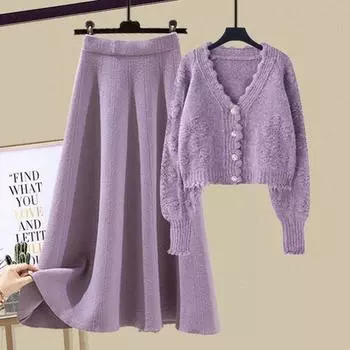 Весна Осень Женский Юбочный Костюм Вязаный Кардиган Свитер Вязаная Юбка Комплект Из Двух Частей Вязаный Кардиган С V-образным Вырезом А-силуэт Вязаная Юбка Комплекты Из Двух Частей M
