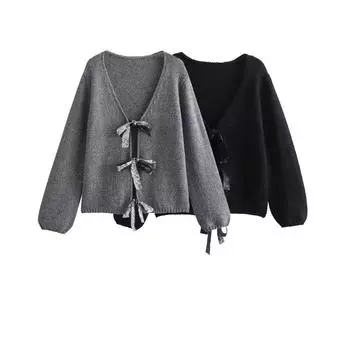 Весна осень женский кардиган с бантом, украшенный пайетками, свитер с V-образным вырезом и длинными рукавами, женское пальто, свободный ворот, повседневный свитер с длинными рукавами L чёрный