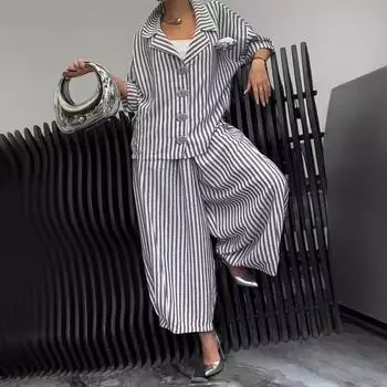 Весна Осень Женский Костюм 2 Части Офисная Леди Цветочный Полосатый Свободный Блейзер Повседневный Широкие Брюки Костюмы для Женщин Одежда L серый