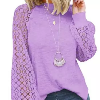 Весна Осень Женский Круглый Вырез Длинные Рукава Кружева Лоскутная Свободный Топ Для Женщин S хаки