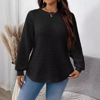 Весна Осень Женский L-5XL Новый Повседневный Однотонный Свитер Квадратная Клетчатая Пуловер Толстовка Зимний Свитер XL чёрный