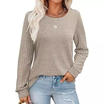 Весна Осень Женский Однотонный Пуловер Длинный Рукав Топ Универсальная Рубашка Минималистичные Женские Пуловеры и Длинные Рукава Женские S коричневый