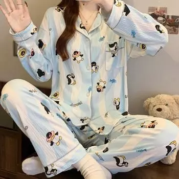 Весна осень Женский пижамный комплект милый мультяшный пижама для женщин с длинным рукавом пижама для молодой девушки ночная одежда для отдыха домашняя одежда M