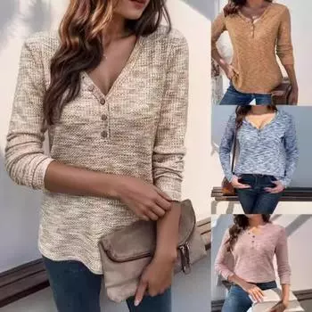 Весна Осень Женский Пуловер с V-образным вырезом Пуловеры с пуговицами и футболки с длинными рукавами Модный универсальный топ Футболки женские S хаки