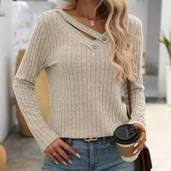 Весна Осень Женский Свободный V-образный вырез на пуговицах Топ Повседневный Полосатый Женский Пуловер S синий