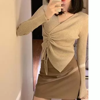 Весна Осень Женский V-образный вырез на завязках Вязаный свитер Новый V-образный вырез с длинным рукавом Повседневный пуловер Свитера Облегающие топы Женская нижняя рубашка 2501 One Size чёрный