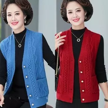Весна Осень Женский V-образный вырез Вязаный кардиган свитер пальто Модный однотонный бабушкин безрукавка куртка Женский жилет M синий