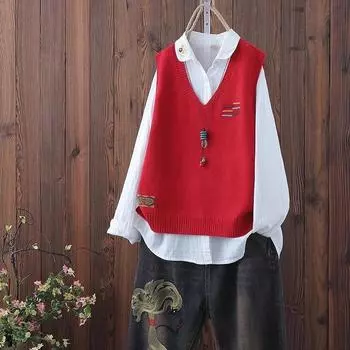 Весна Осень Женский V-образный вырез Вязаный жилет Свободный литературный пуловер Жилет Без Рукавов Повседневный жилет Топ S зелёный