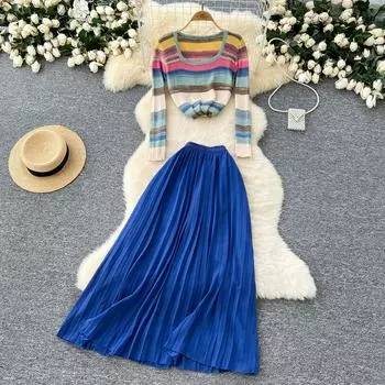 Весна Осень Женский Винтажный Радужный Полосатый Вязаный Свитер Пуловер Топы и Длинная Миди Плиссированная Юбка Комплект Из Двух Частей M синий