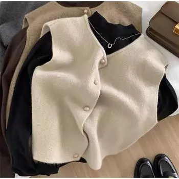 Весна Осень Женский Вязаный Кардиган Однотонный Пуговица V-образный вырез Без Рукавов Свитер Пальто Повседневная Мода Офис Леди Элегантный Жилет S хаки