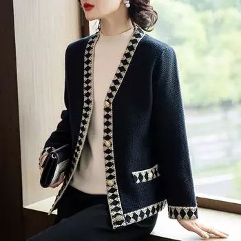Весна Осень Женский Вязаный Кардиган Свитер Свободный Плюс Размер V Вырез Вязаное Пальто Однобортный Вязаный Жакет M чёрный