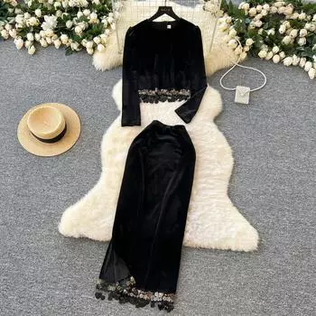 Весна-осень Женский винтажный черный бархатный комплект из двух предметов с пайетками и кисточками, пуловер с длинными рукавами и длинная облегающая юбка-карандаш S чёрный