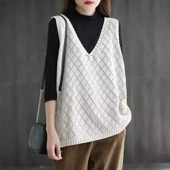 Весна Осень Женский Жилет Вязаный Свитер Ретро V-образный Вырез Свободный Без Рукавов Однотонный Пуловер Ажурный Ромбовидный Текстурный Топ Повседневная Одежда