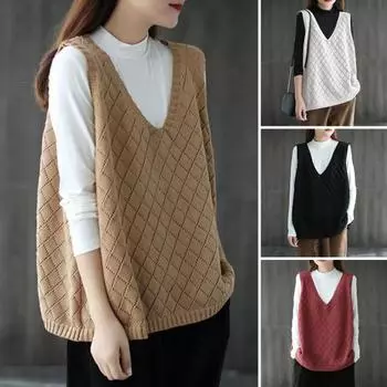 Весна Осень Женский Жилет Вязаный Свитер Ретро V-образный Вырез Свободный Без Рукавов Твердый белый