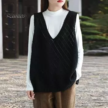 Весна Осень Женский Жилет Вязаный Свитер Ретро V-образный Вырез Свободный Без Рукавов Однотонный Пуловер Ажурный Ромбовидный Текстурный Топ Повседневная Одежда темно-зеленого