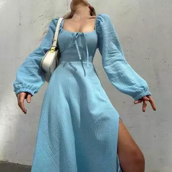 Весна осень Женское длинное хлопковое платье с высокой талией и длинными рукавами А-силуэта S зелёный