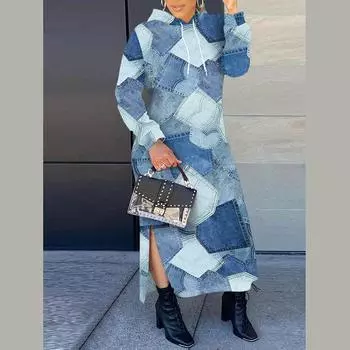Весна Осень Женское Длинный Рукав Капюшон Имитация Джинс Разделенный Цельный Платье S