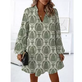Весна Осень Женское Длинный Рукав V Образный Вырез Ретро Принт Цельное Платье S