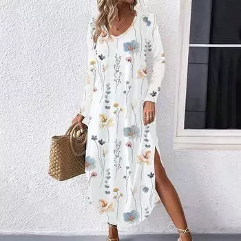 Весна Осень Женское Длинный Рукав V-образный вырез Разрез Цветочный Принт Цельное Платье S