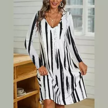 Весна Осень Женское Длинный Рукав V Образный Вырез Повседневный Полосатый Принт Цельное Платье S