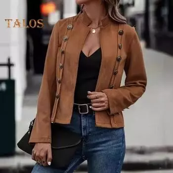 Весна Осень Женское Пальто Двубортный Стоячий Воротник Пуговицы Slim Fit Длинные Рукава Ретро Стиль Кардиган Повседневная Одежда Куртка Для Отдыха На Природе S зелёный