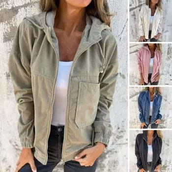 Весна Осень Женское Пальто Свободное Однотонное Застежка-молния Длинные Рукава С Капюшоном XXXL темно-синий