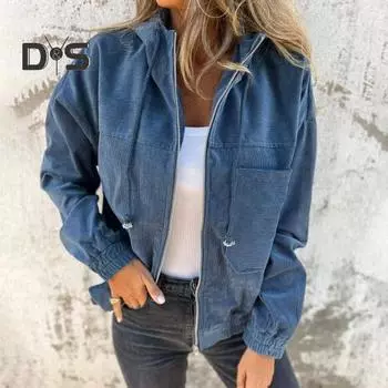 Весна Осень Женское Пальто Свободный Однотонный Застежка-Молния Длинные Рукава С Капюшоном Кардиган Повседневная Одежда Для Езды На Работу Куртка M чёрный