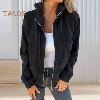 Весна Осень Женское Пальто Свободный Однотонный Застежка-Молния Длинные Рукава С Капюшоном Кардиган Повседневная Одежда Для Езды На Работу Куртка M чёрный