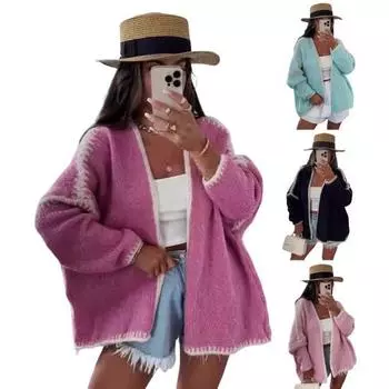 Весна Осень Женское Пальто Трикотажное Толстое Свободное Длинные Рукава Кардиган Однотонный S чёрный