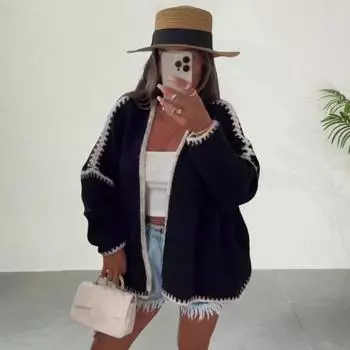 Весна Осень Женское Пальто Трикотажное Толстое Свободное Длинные Рукава Кардиган Однотонный S розы красного