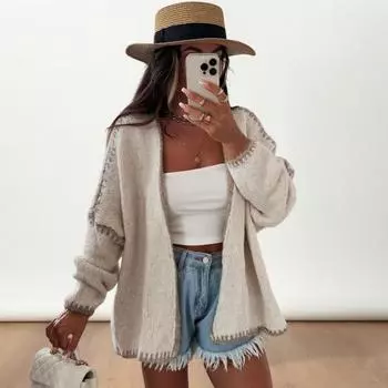 Весна Осень Женское Пальто Трикотажное Толстое Свободное Длинные Рукава Кардиган Однотонный Теплый Повседневный Повседневный Рабочий Уличный Свитер Куртка S абрикосовый