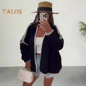 Весна Осень Женское Пальто Трикотажное Толстое Свободное Длинные Рукава Кардиган Однотонный Теплый Повседневный Повседневный Рабочий Уличный Свитер Куртка S чёрный