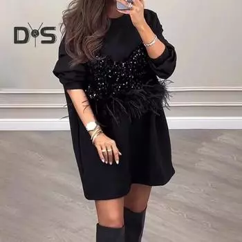 Весна Осень Женское Платье Блестки Перья Декор Искусственный Двухсекционный Круглый Вырез Длинные Рукава Эластичные Манжеты Длина Выше Колена Мини Платье S серый