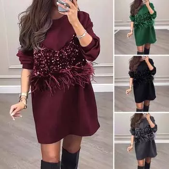 Весна Осень Женское Платье Блестки Перья Декор Искусственный Двухсекционный Круглый Вырез Длинные Рукава Эластичные Манжеты Длина Выше Колена Мини Платье S вино красного