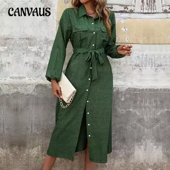 Весна Осень Женское Платье Cross Border Lapel Зеленые Длинные Рукава Однотонные Платья S армия зеленый