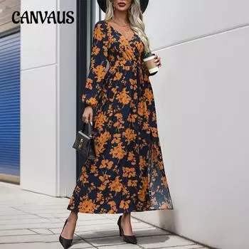 Весна Осень Женское Платье С Длинным Рукавом V-образным Вырезом С Принтом S чёрный