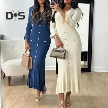 Весна-осень женское платье с пуговицами, V-образным вырезом, длинными рукавами, облегающим кроем, лоскутным подолом, однотонное эластичное макси-платье S темно-коричневого