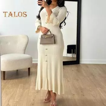 Весна-осень женское платье с пуговицами, V-образным вырезом, длинными рукавами, облегающим кроем, лоскутным подолом, однотонное эластичное макси-платье S синий