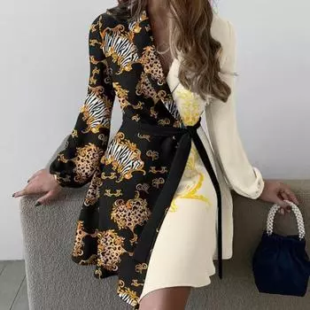 Весна-осень Женское платье со шнуровкой на талии, завязывающимся лацканом, V-образным вырезом, А-силуэтом, подходящим по цвету, пальто с длинными рукавами, деловое мини-платье для поездок на работу 2XL чёрный