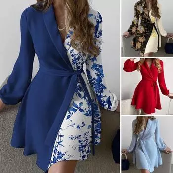 Весна-осень Женское платье со шнуровкой на талии, завязывающимся лацканом, V-образным вырезом, А-силуэтом, подходящим по цвету, пальто с длинными рукавами, деловое мини-платье для поездок на работу 2XL красный