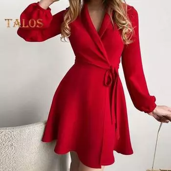 Весна-осень Женское платье со шнуровкой на талии, завязывающимся лацканом, V-образным вырезом, А-силуэтом, подходящим по цвету, пальто с длинными рукавами, деловое мини-платье для поездок на работу 2XL красный