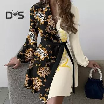 Весна-осень Женское платье со шнуровкой на талии, завязывающимся лацканом, V-образным вырезом, А-силуэтом, подходящим по цвету, пальто с длинными рукавами, деловое мини-платье для поездок на работу 2XL красный