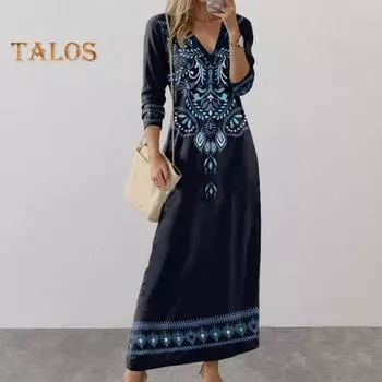 Весна Осень Женское Платье V-образный вырез Длинные рукава А-силуэта Цифровой Цветочный Принт Макси Платье Для Свиданий Повседневная Одежда Свободное Платье S синий