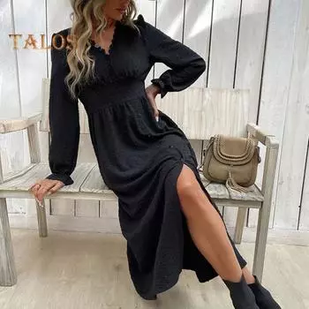 Весна Осень Женское Платье V-образный вырез Чистый Черный Высокая талия Длинные рукава-фонарики Декор на пуговицах Разрез по низу А-силуэта Для поездок на работу Свиданий Покупок Платье Миди S чёрный