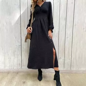 Весна Осень Женское Платье V-образный вырез Чистый Черный Высокая талия Длинные рукава-фонарики Декор на пуговицах Разрез по низу А-силуэта Для поездок на работу Свиданий Покупок Платье Миди S чёрный